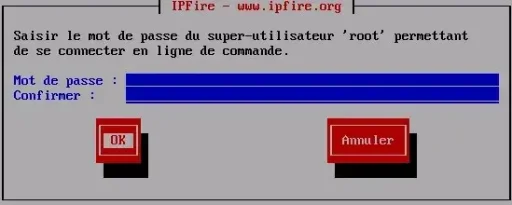 Capture - IPFire : Entrée du MDP de l'utilisateur root