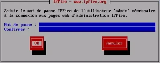 Capture - IPFire : Entrée du MDP de l'utilisateur admin