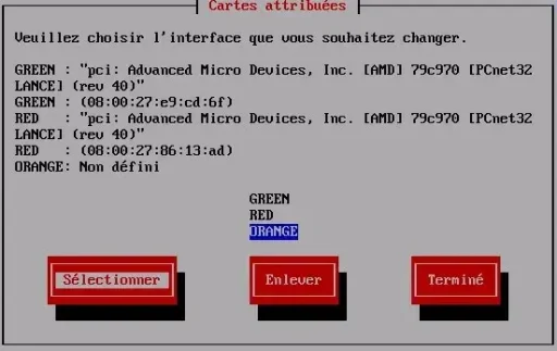 Capture - IPFire : Sélection carte réseau ORANGE