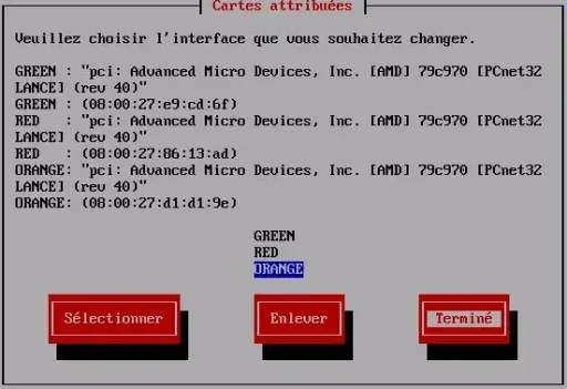 Capture - IPFire : Vue attribution des cartes réseau