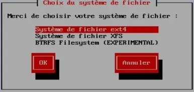 Capture - IPFire : Sélection du système de fichiers ext4