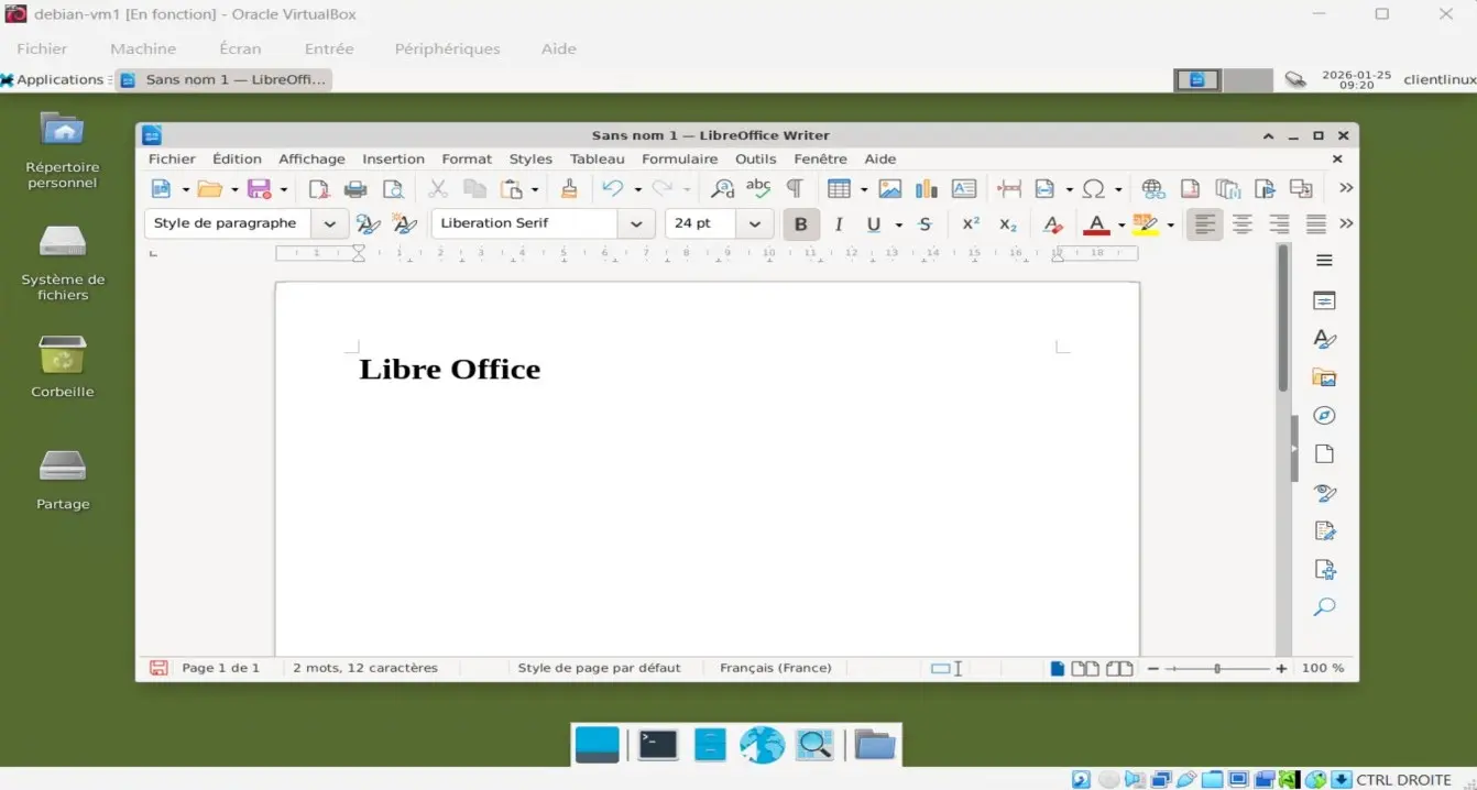 Capture - debian-vm1 : Bureau Xfce personnalisé