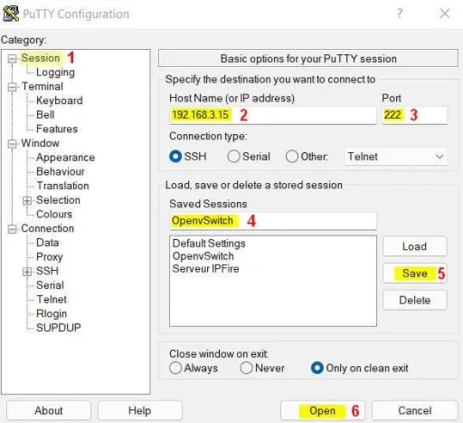 Capture - Putty : Configuration SSH pour OpenvSwitch