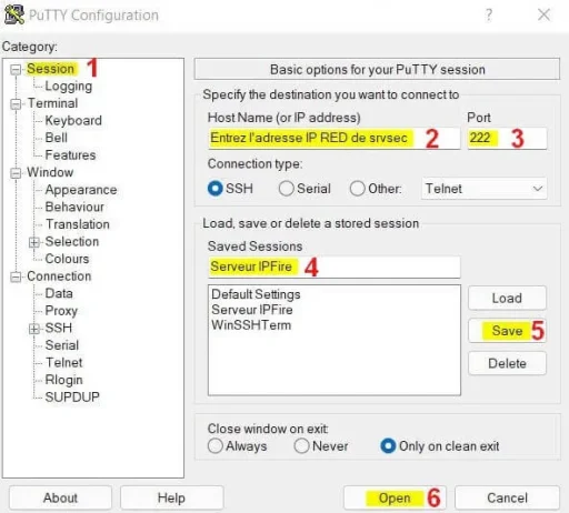 Capture - Putty : Configuration SSH pour IPFire