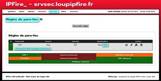 Capture - IPFire : Règle de pare-feu RDP