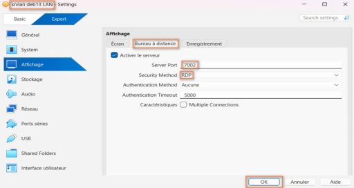 Capture - VirtualBox : Réglages du bureau à distance