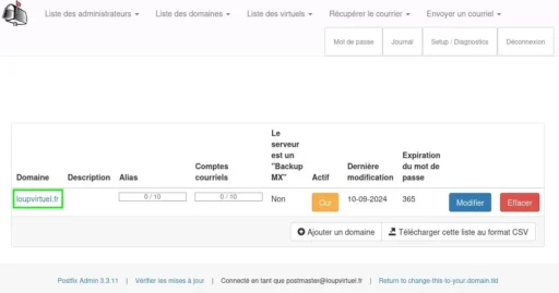 Capture - PostfixAdmin : Liste des domaines virtuels